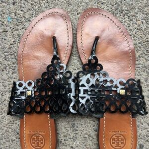 Tory Burch Black and Tan Cutout Sandals